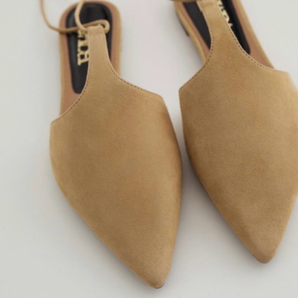 Zara Tan Pointed Toe Flats with Ankle Wrap - Picture 2 of 9
